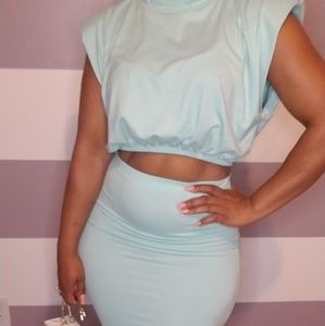 NEW! Solid Crew Neck Casual Crop Top&Skirt Set